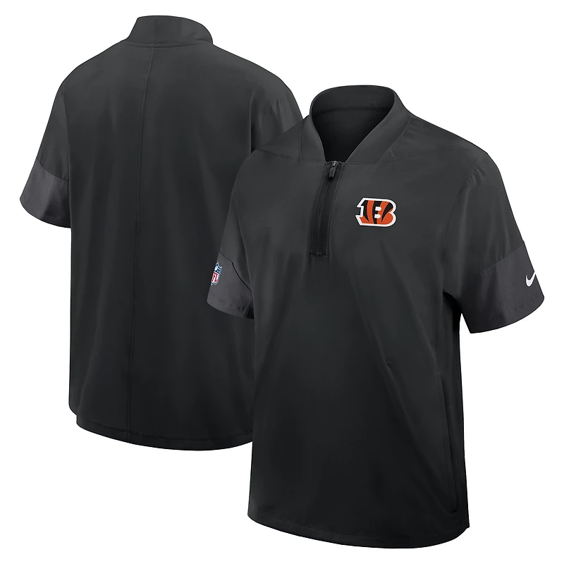 Veste d'entraîneur Nike noire pour homme, manches courtes, fermeture éclair au quart, style Sideline, technologie Dri-FIT, modèle Cincinnati Bengals.