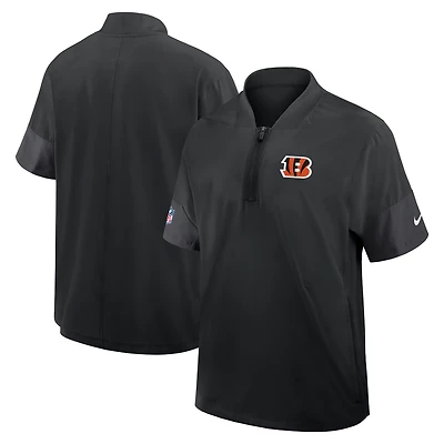 Veste d'entraîneur Nike noire pour homme, manches courtes, fermeture éclair au quart, style Sideline, technologie Dri-FIT, modèle Cincinnati Bengals.