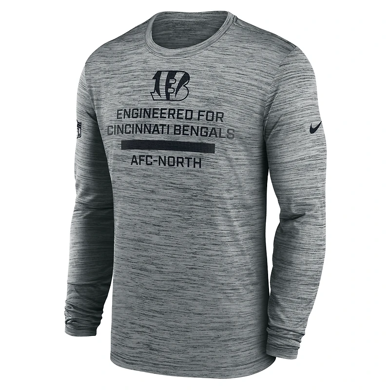 T-shirt Nike gris à manches longues Sideline Velocity Performance pour homme des Bengals de Cincinnati