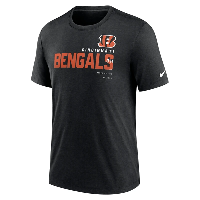 T-shirt triple mélange Nike Cincinnati Bengals Team pour homme, noir chiné