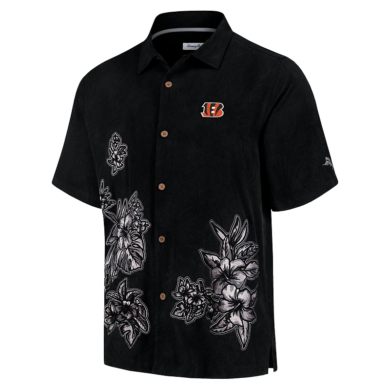 Chemise boutonnée Tommy Bahama noire Cincinnati Bengals Hibiscus Camp pour hommes