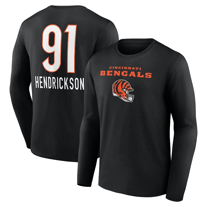 T-shirt à manches longues noir Trey Hendrickson pour homme, avec nom et numéro de l'équipe des Bengals Cincinnati