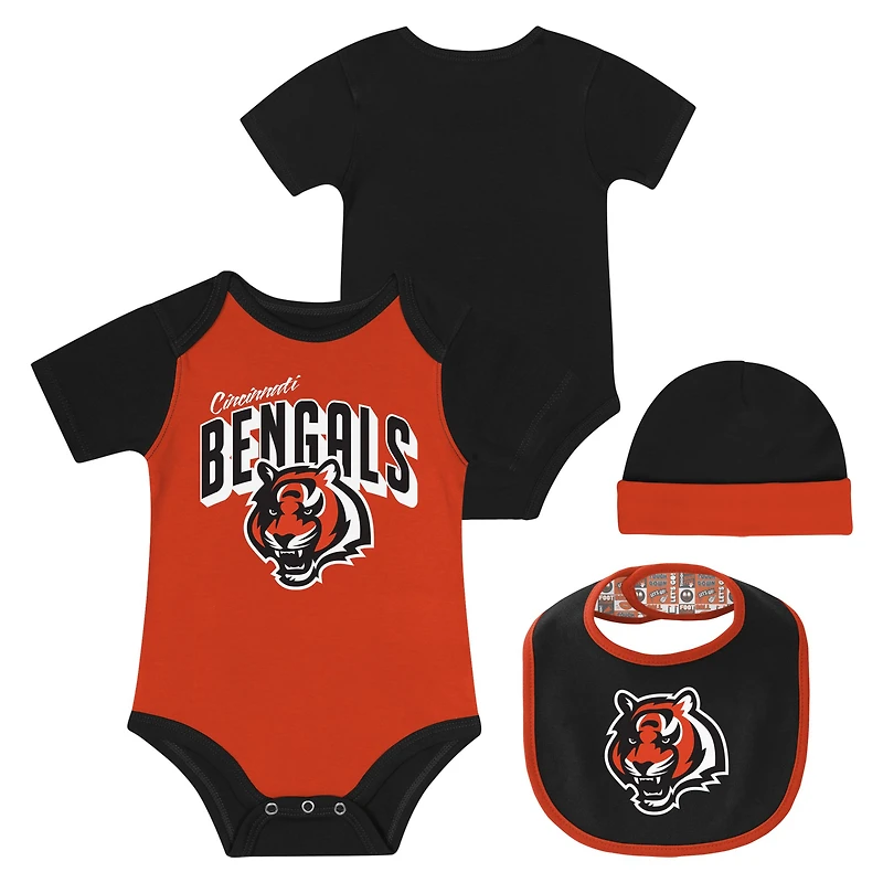 Ensemble body, bavoir et bonnet en tricot pour nouveau-né bébé Cincinnati Bengals Dynamic Duo