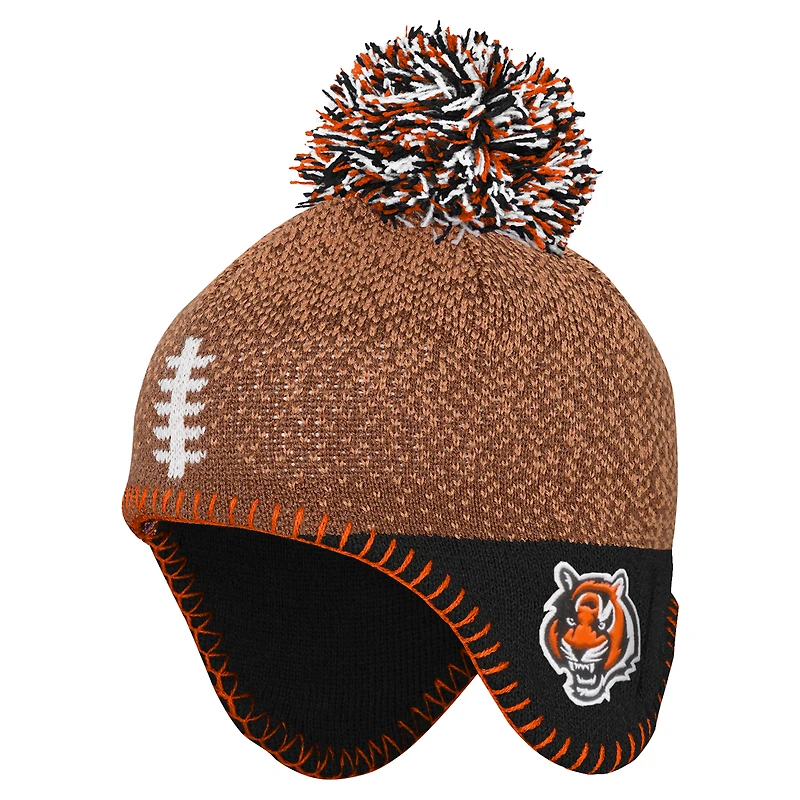 Bonnet en tricot marron avec pompon pour enfant d'âge préscolaire, motif football des Bengals de Cincinnati