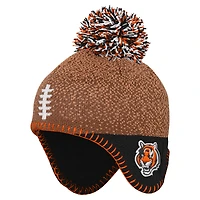 Bonnet en tricot marron avec pompon pour enfant d'âge préscolaire, motif football des Bengals de Cincinnati