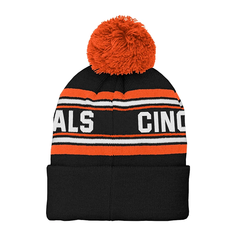 Bonnet en tricot à revers jacquard noir des Bengals de Cincinnati pour enfants d'âge préscolaire avec pompon