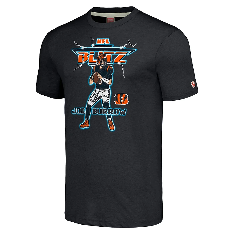 T-shirt unisexe hommage Joe Burrow, charbon chiné, joueur de blitz NFL Cincinnati Bengals, tri-blend