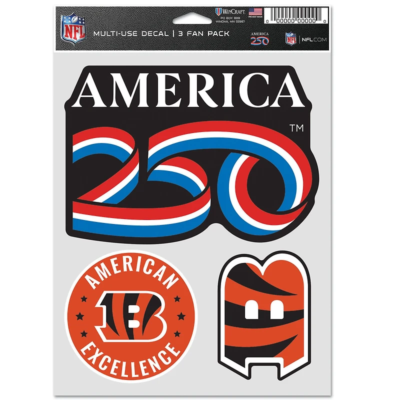Ensemble de trois autocollants pour supporters WinCraft Cincinnati Bengals America 250 (5,5 po x 7,75 po).