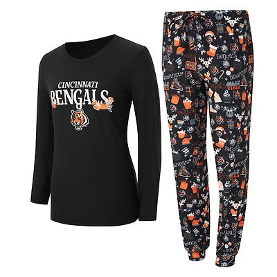 Women's Concepts Sport Black Cincinnati Bengals Chesnut Long Sleeve T-Shirt and Pant Sleep Set