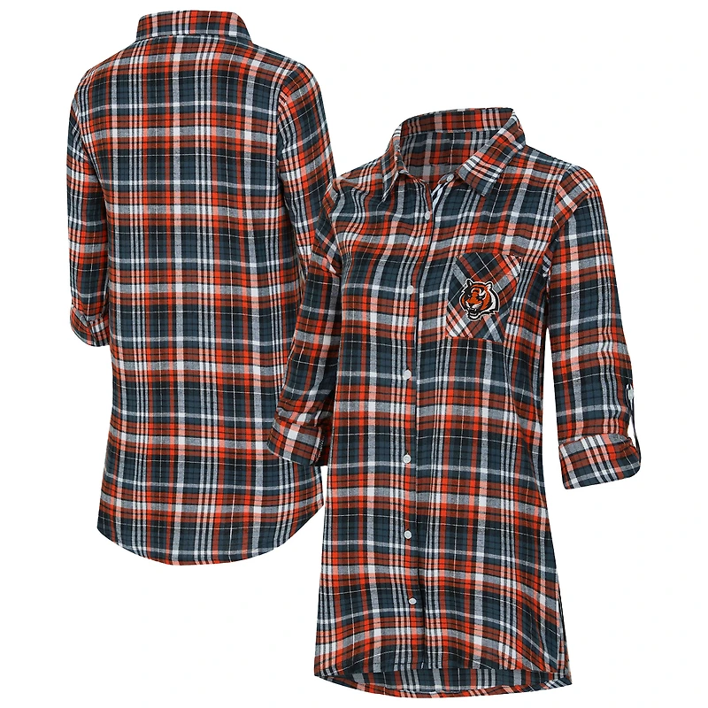 Women's Concepts Sport Black Cincinnati Bengals Laney Plaid Tri-Blend Full-Button Nightshirt