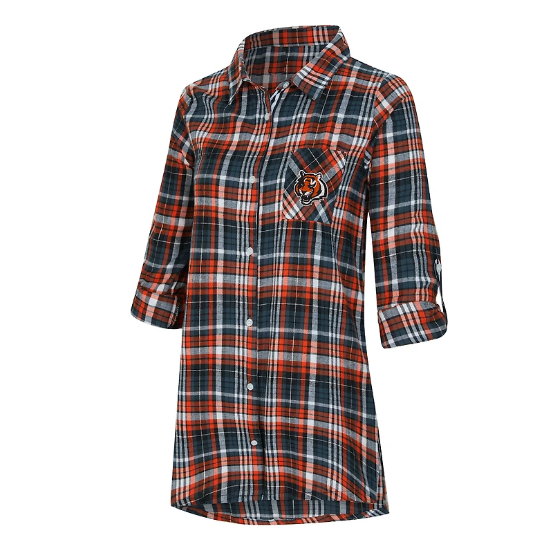 Chemise de nuit à carreaux tri-mélange noir Concepts Sport pour femme, modèle Laney, boutons, aux couleurs des Bengals Cincinnati.