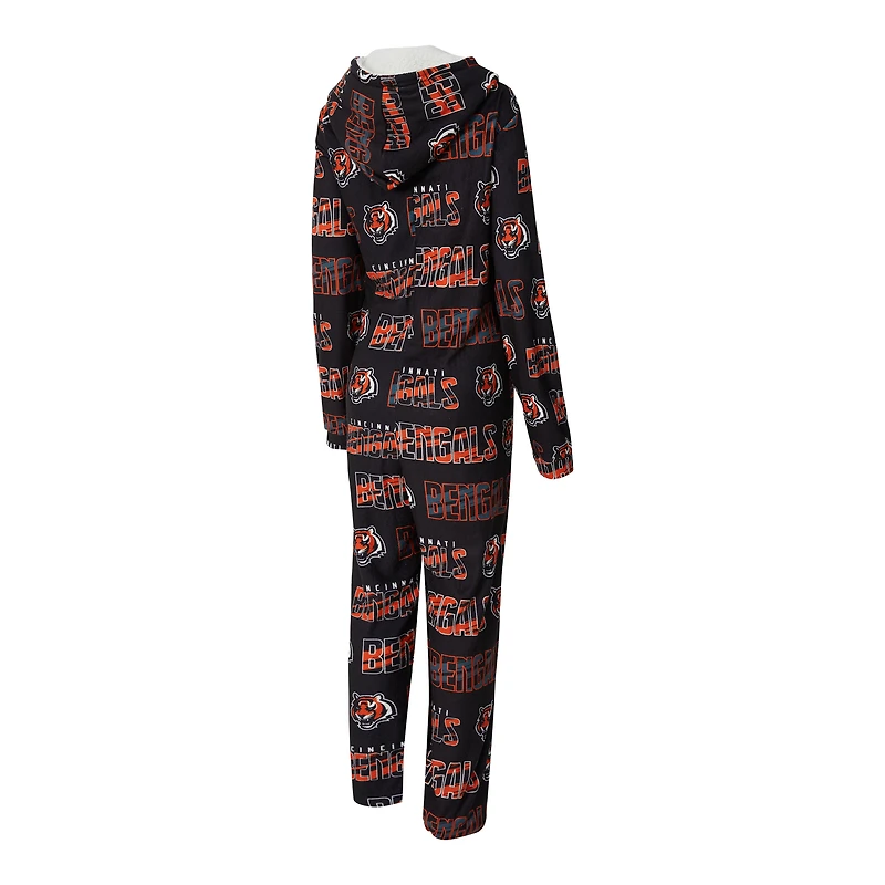 Women's Concepts Sport  Black Cincinnati Bengals Roadway Allover Print Microfleece Full-Zip Union Suit
