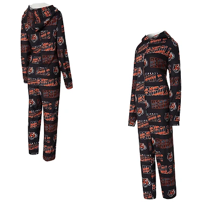 Women's Concepts Sport  Black Cincinnati Bengals Roadway Allover Print Microfleece Full-Zip Union Suit