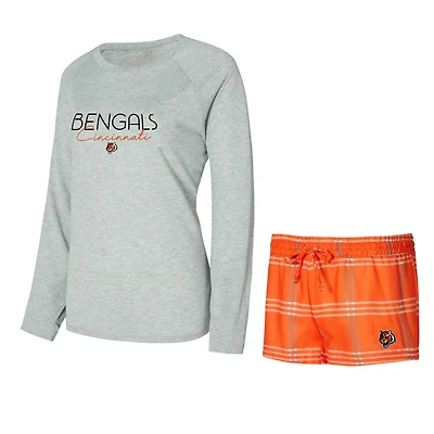 Ensemble haut à manches longues et short raglan pour femme Concepts Sport orange/gris des Bengals de Cincinnati