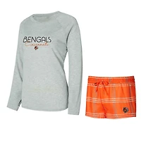Ensemble haut à manches longues et short raglan pour femme Concepts Sport orange/gris des Bengals de Cincinnati