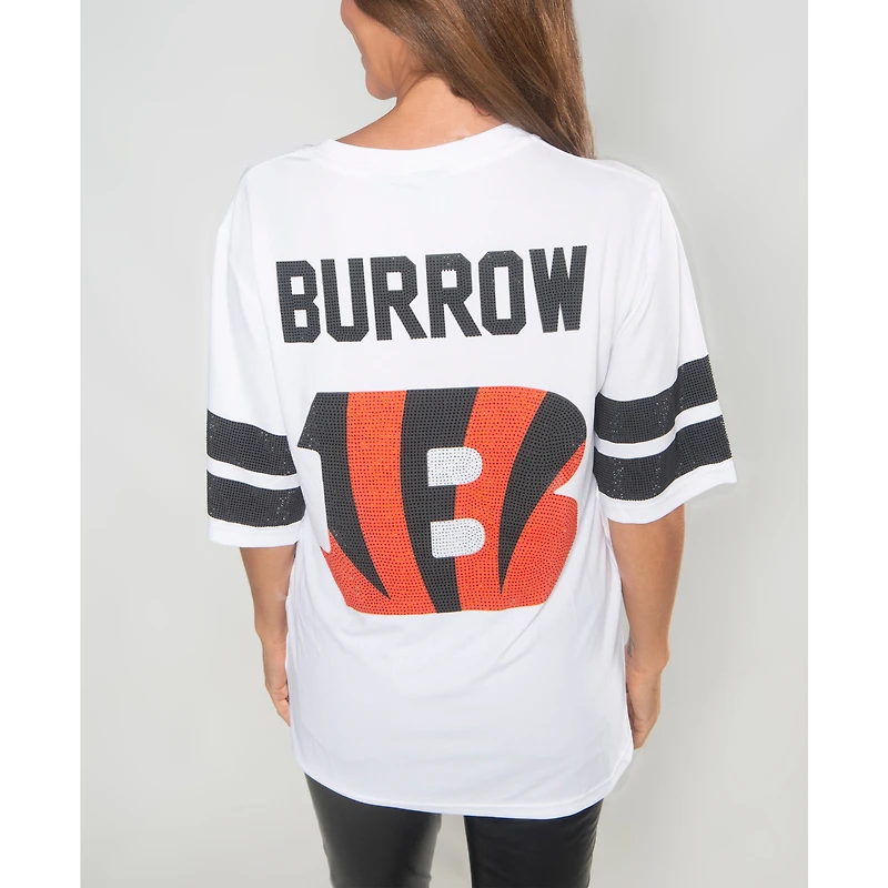 Women's Cuce Joe Burrow White Cincinnati Bengals Crystal V-Neck Tunic