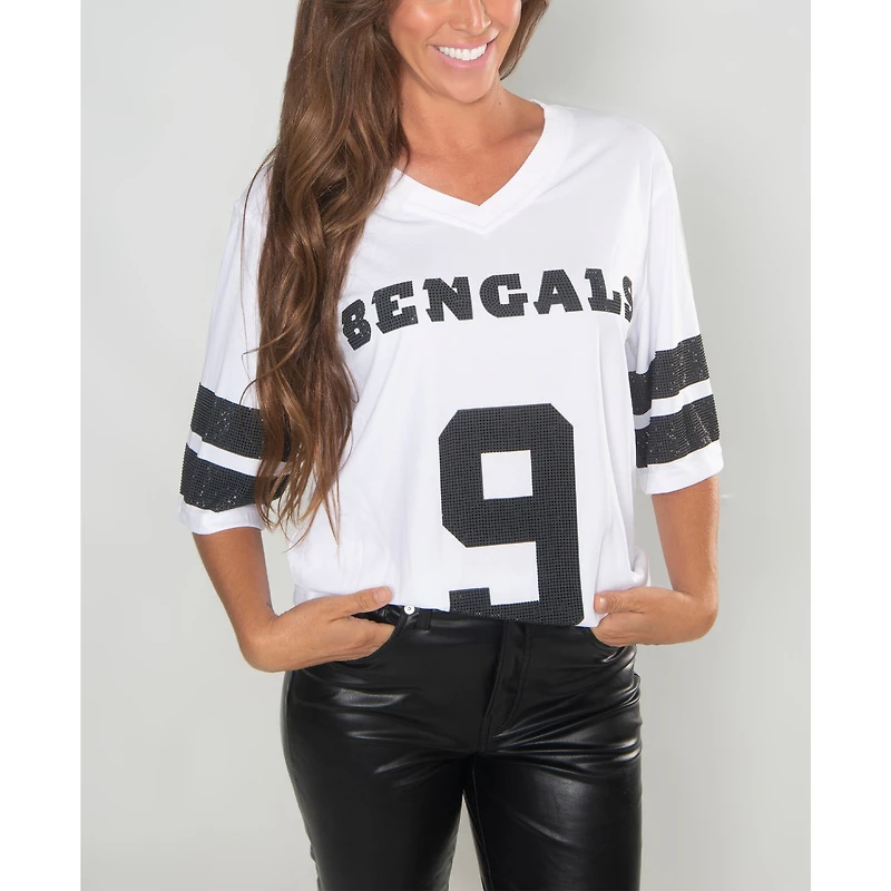 Women's Cuce Joe Burrow White Cincinnati Bengals Crystal V-Neck Tunic