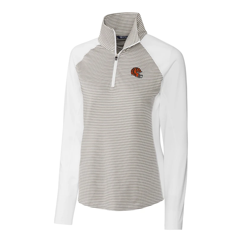 Haut demi-zippé extensible à rayures ton sur DryTec Forge pour femme, blanc, avec logo du casque des Bengals de Cincinnati, Cutter & Buck
