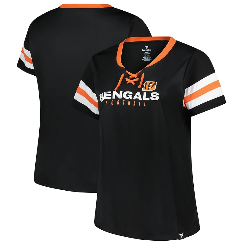 T-shirt à lacets et col en V pour femme Fanatics Black Cincinnati Bengals, grande taille, Red Zone Athena