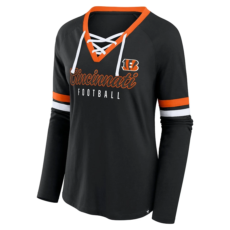 Women's Fanatics Black Cincinnati Bengals Won and Done Lace-Up Raglan T-Shirt