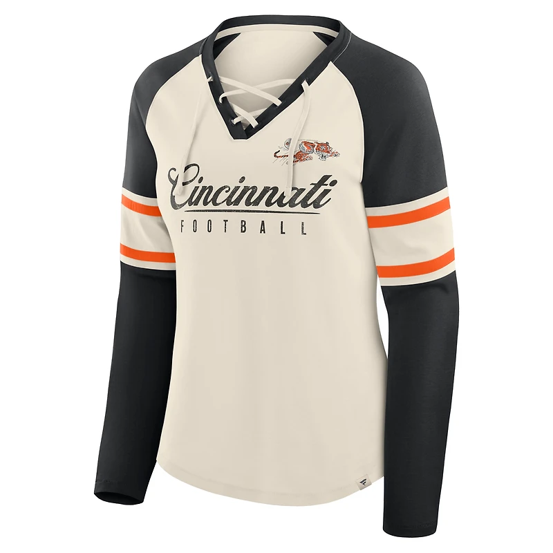 Women's Fanatics Cream/Black Cincinnati Bengals Hometown Gridiron Hero Raglan Lace-Up V-Neck Long Sleeve T-Shirt
