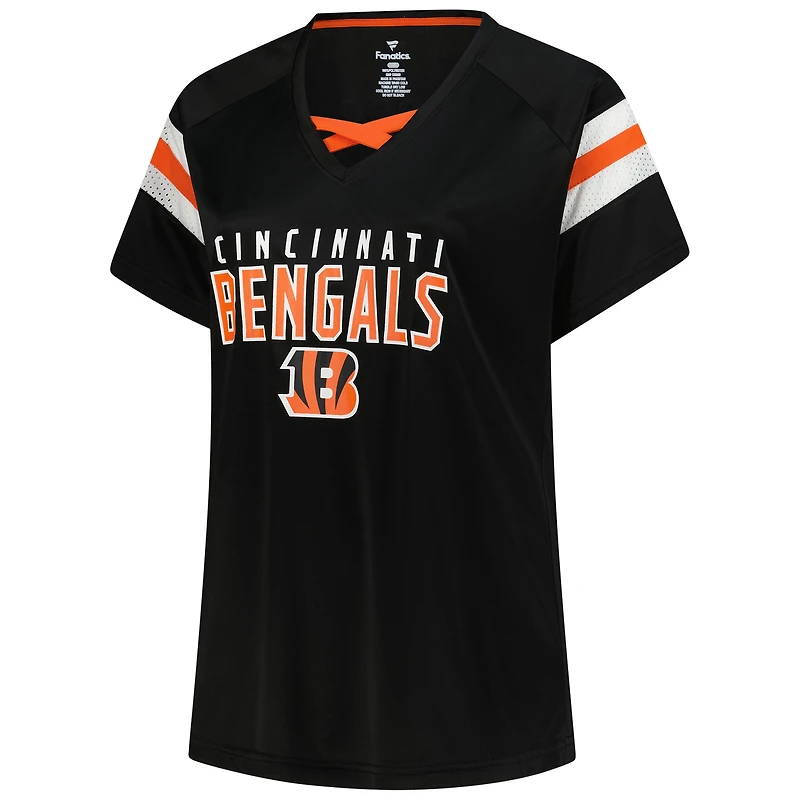 T-shirt col V en dentelle raglan avec nom et numéro pour femme Fanatics Joe Burrow Black Cincinnati Bengals, grande taille