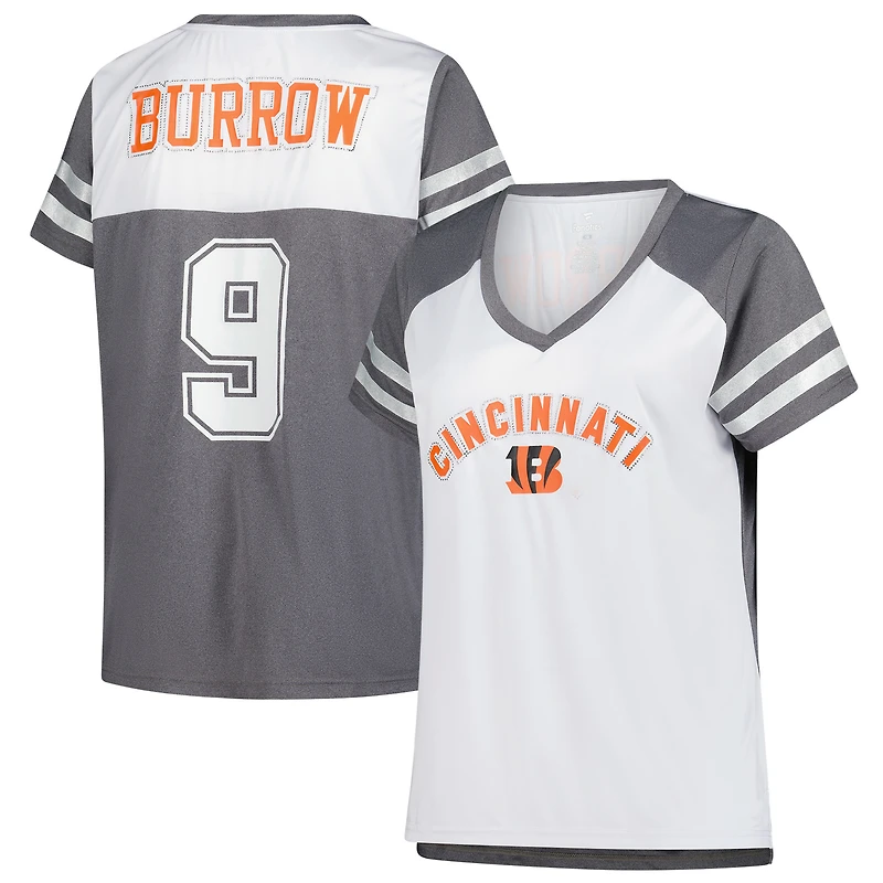 Women's Fanatics Joe Burrow White Cincinnati Bengals Plus Bling V-Neck T-Shirt