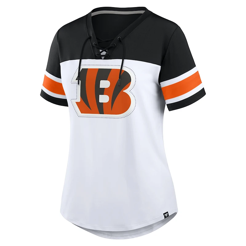 Women's Fanatics White/Black Cincinnati Bengals Athena Rhinestone Lace-Up V-Neck T-Shirt
