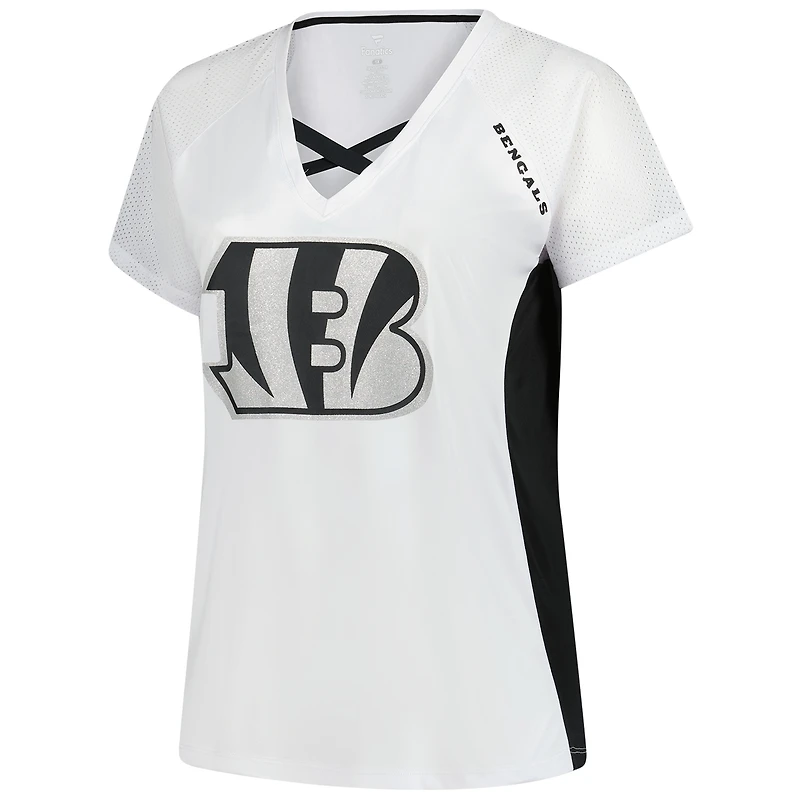 T-shirt à lacets et col en V paillettes pour femmes Fanatics White Cincinnati Bengals grande taille