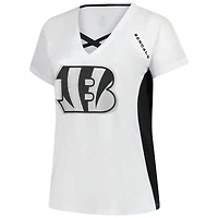 T-shirt à lacets et col en V paillettes pour femmes Fanatics White Cincinnati Bengals grande taille