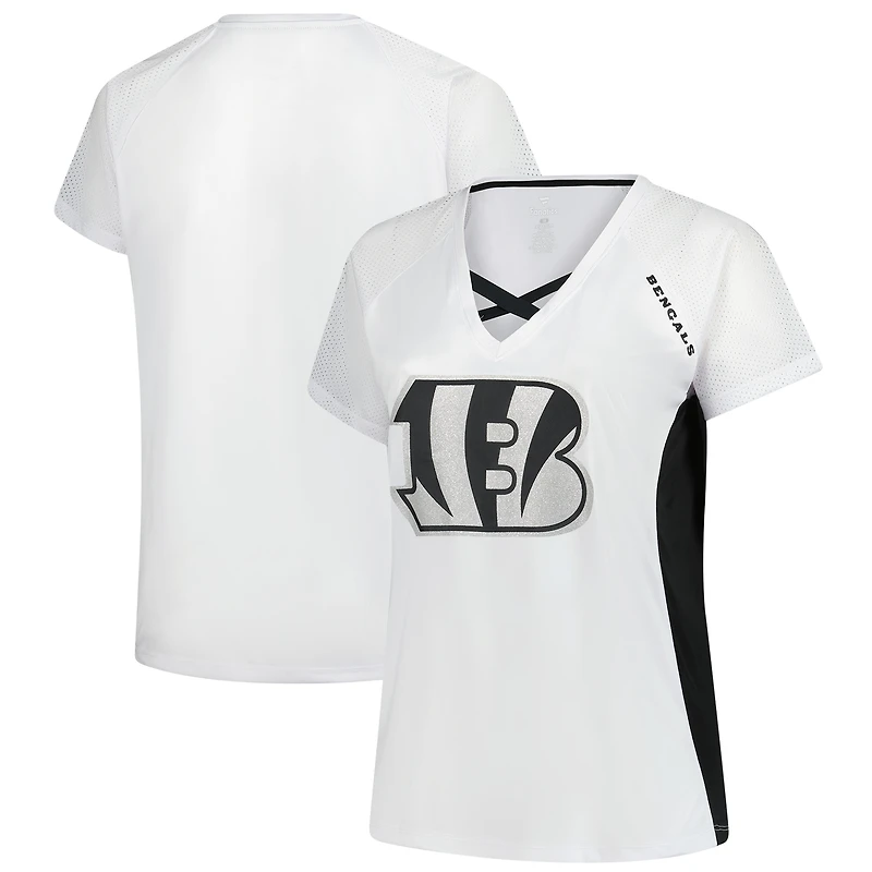 T-shirt à lacets et col en V paillettes pour femmes Fanatics White Cincinnati Bengals grande taille