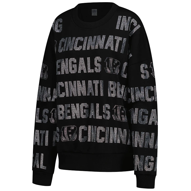 Sweat-shirt surdimensionné noir Gameday Couture pour femme, motif texte strass des Bengals de Cincinnati