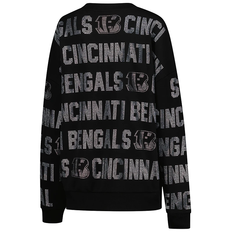 Women's Gameday Couture Black Cincinnati Bengals Oversized Hype Era Rhinestone Text Sweatshirt