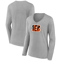 T-shirt gris à manches longues et col en V pour femme avec logo principal des Bengals de Cincinnati
