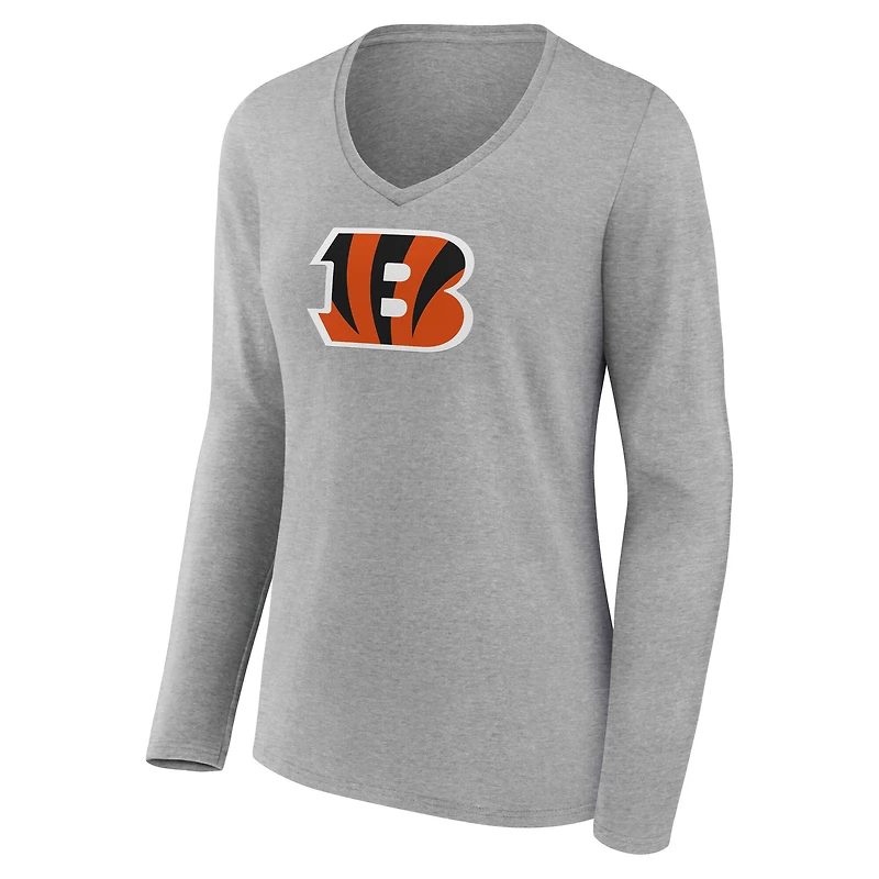 Women's  Gray Cincinnati Bengals Primary Logo Long Sleeve V-Neck T-Shirt