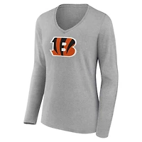 Women's  Gray Cincinnati Bengals Primary Logo Long Sleeve V-Neck T-Shirt