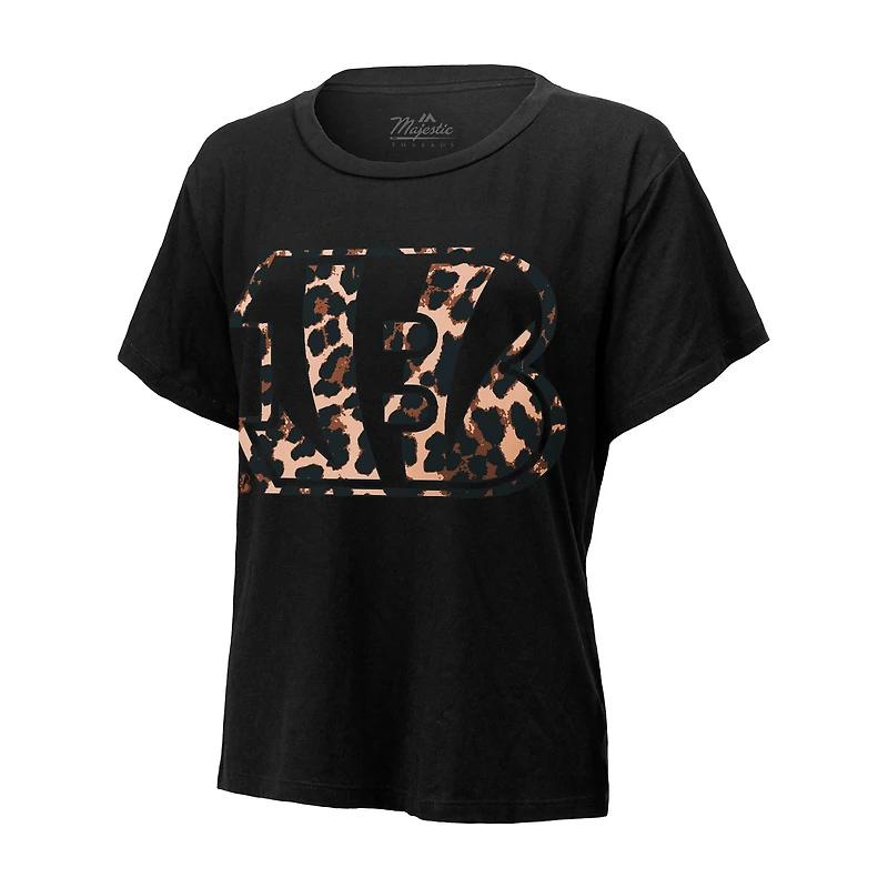 T-shirt noir pour femme Majestic Threads Joe Burrow avec nom et numéro de joueur des Bengals Cincinnati Leopard
