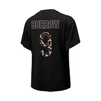 T-shirt noir pour femme Majestic Threads Joe Burrow avec nom et numéro de joueur des Bengals Cincinnati Leopard
