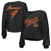 T-shirt court à manches longues et col en V pour femme Majestic Threads Joe Burrow, noir, avec nom numéro des Bengals de Cincinnati, épaules dénudées, coupe décontractée