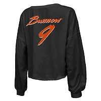 T-shirt court à manches longues et col en V pour femme Majestic Threads Joe Burrow, noir, avec nom numéro des Bengals de Cincinnati, épaules dénudées, coupe décontractée