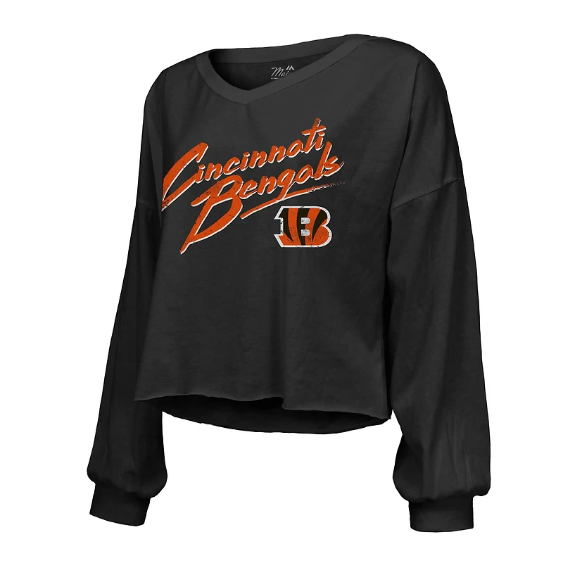 T-shirt court à manches longues et col en V Majestic Threads Joe Burrow pour femmes, noir, nom numéro des Bengals de Cincinnati