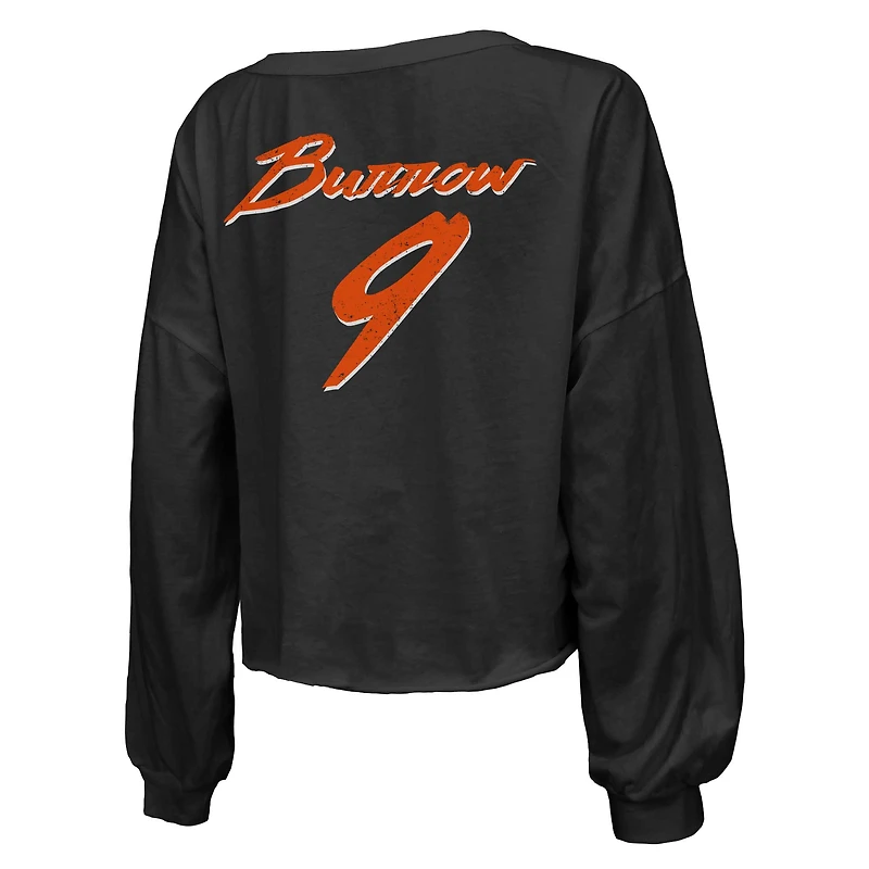 T-shirt court à manches longues et col en V Majestic Threads Joe Burrow pour femmes, noir, nom numéro des Bengals de Cincinnati