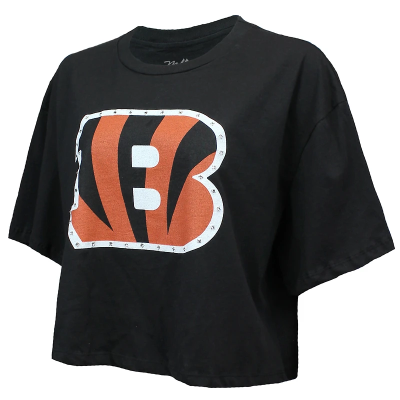 Women's Majestic Threads Joe Burrow Black Cincinnati Bengals Swarovski Crystals Boxy Cropped Name & Number T-Shirt