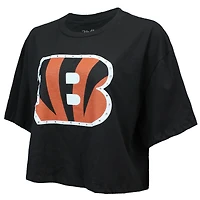 Women's Majestic Threads Joe Burrow Black Cincinnati Bengals Swarovski Crystals Boxy Cropped Name & Number T-Shirt