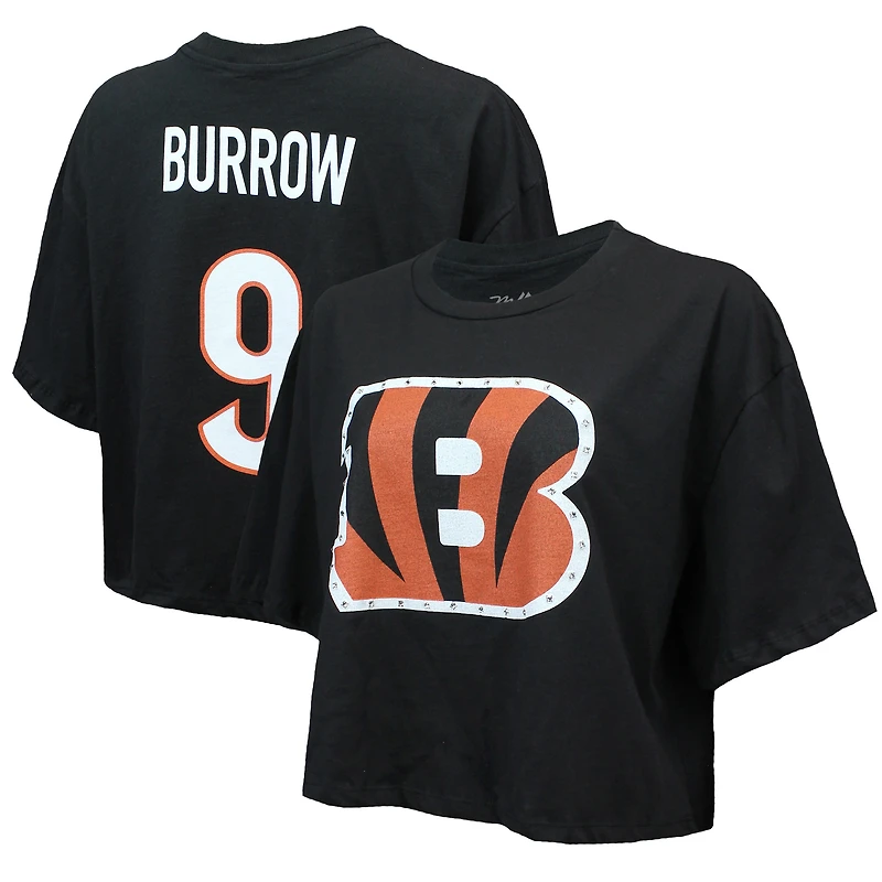 Women's Majestic Threads Joe Burrow Black Cincinnati Bengals Swarovski Crystals Boxy Cropped Name & Number T-Shirt