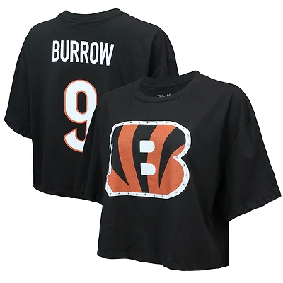 T-shirt court et ample pour femme Majestic Threads Joe Burrow, noir, avec cristaux Swarovski, nom numéro des Bengals de Cincinnati