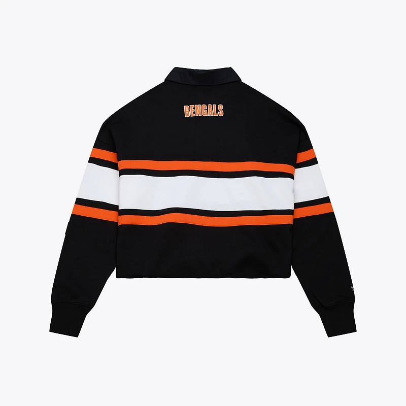 Women's Mitchell & Ness Black Cincinnati Bengals Cropped Long Sleeve Rugby Polo
