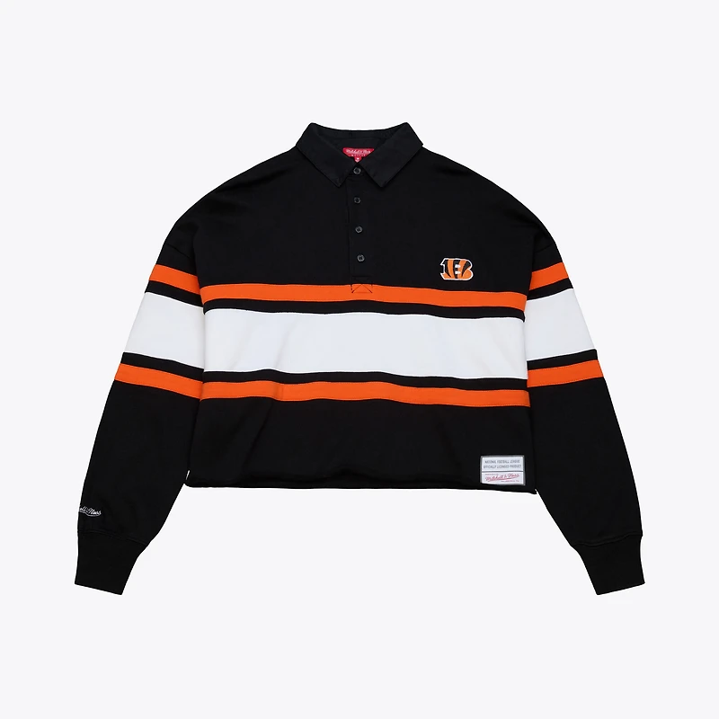 Women's Mitchell & Ness Black Cincinnati Bengals Cropped Long Sleeve Rugby Polo