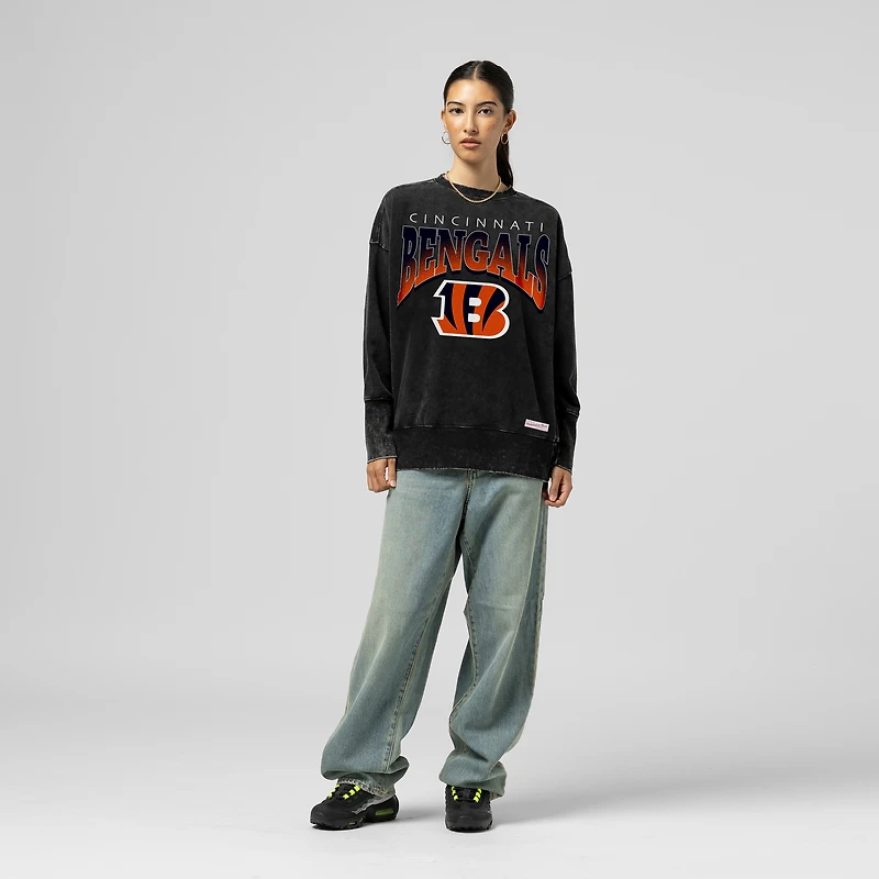 Women's Mitchell & Ness Black Cincinnati Bengals Delineate Mineral Wash Crewneck Sweatshirt