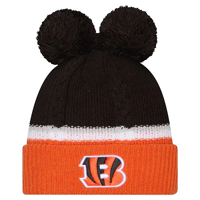 Bonnet en tricot à revers à double bulle avec pompons Cincinnati Bengals New Era noir pour femme
